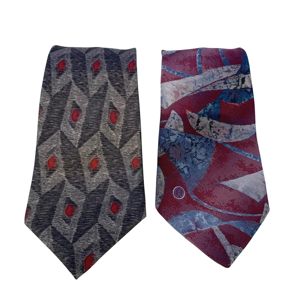Vintage Halston‎ & Halston III Tie Lot of 2 Italy USA 1990s Geo Abstract Prints
